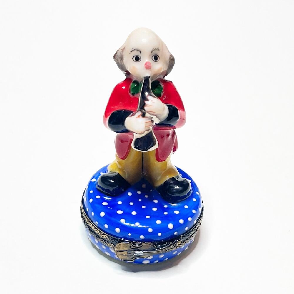 Limoges Box Bald Circus Clown Playing Horn Hand Painted Porcelain Trinket